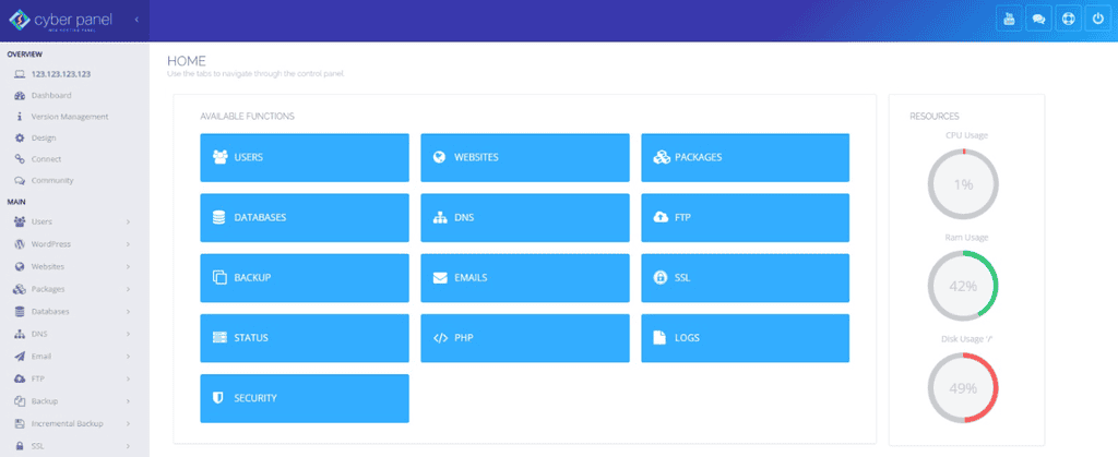 Interfaccia del dashboard principale di CyberPanel