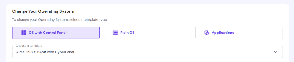 Il template AlmaLinux con Cyberpanel su hPanel