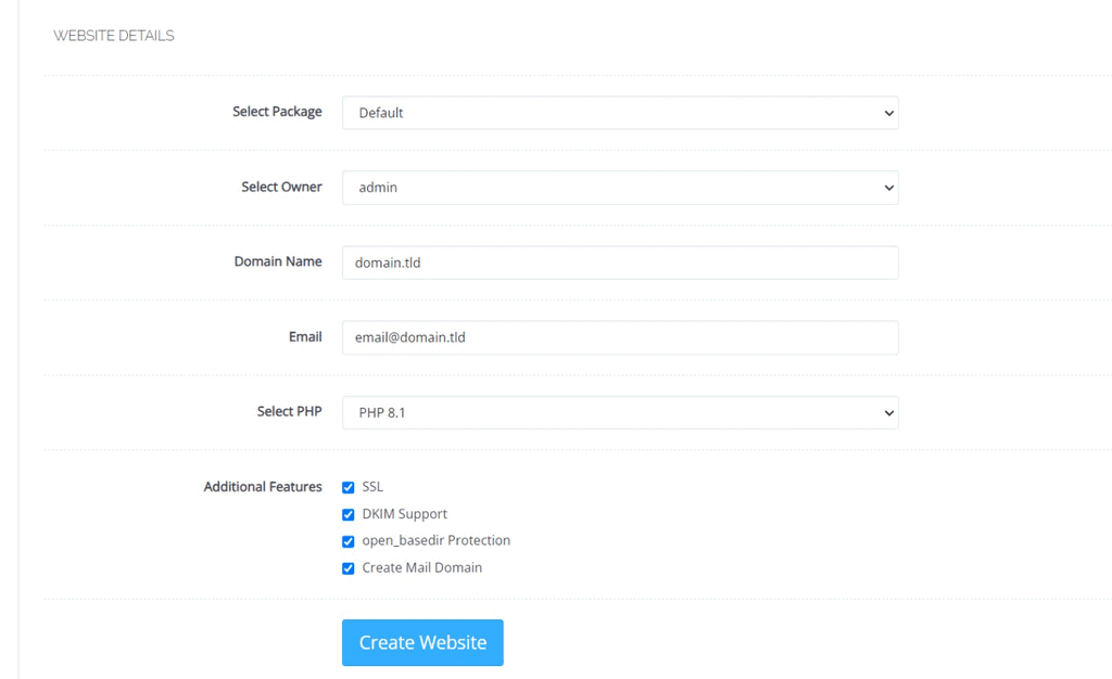 Menu di creazione del sito web su CyberPanel