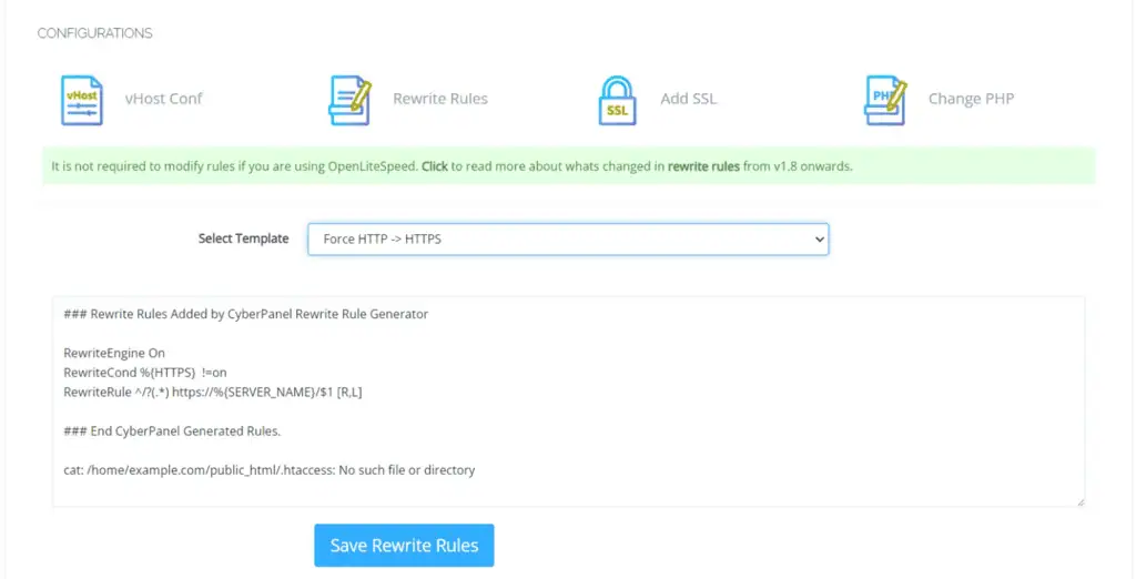 Impostazioni di configurazione HTTPS forzate su CyberPanel