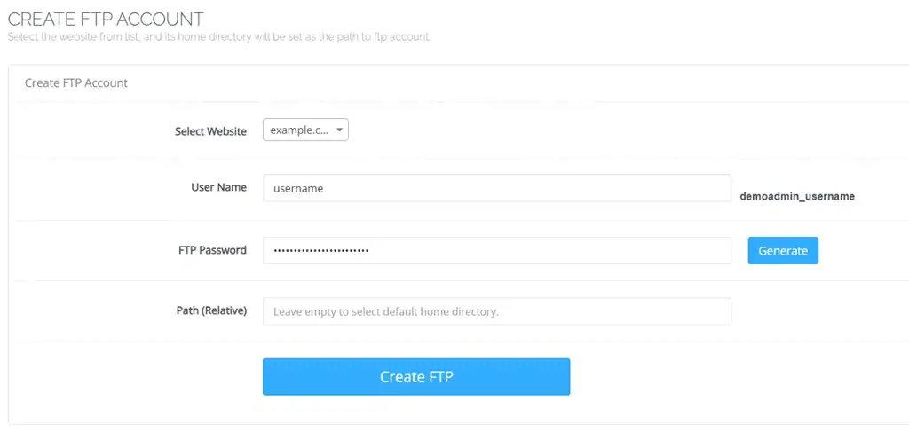 Menu di creazione dell'account FTP su CyberPanel