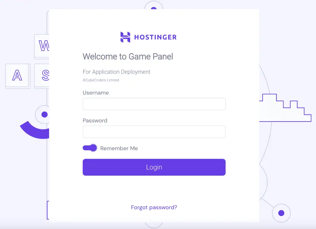 Schermata di accesso al Game Panel di Hostinger