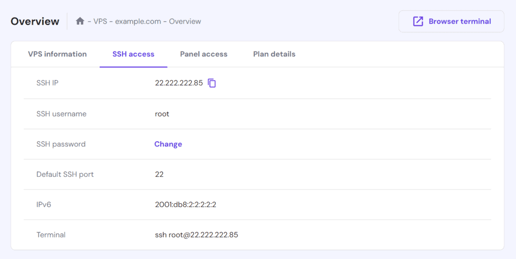 Controllo dei dettagli SSH nella scheda di accesso SSH di hPanel