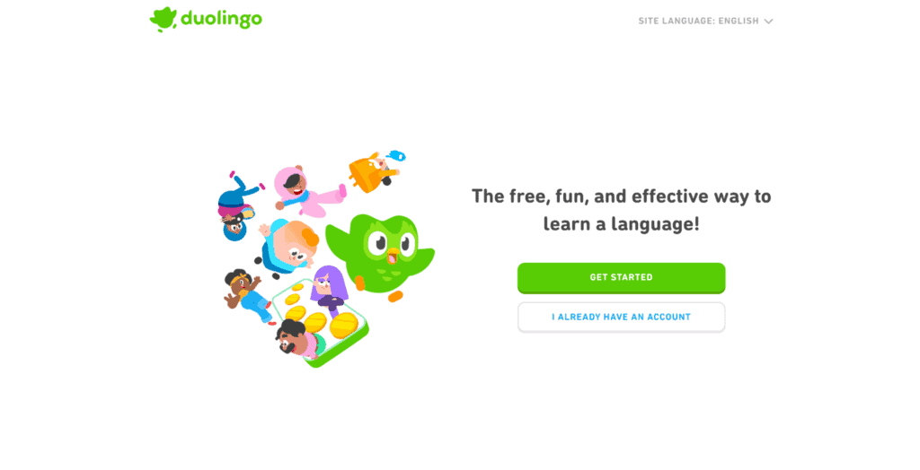 Esempio di piattaforma di abbonamento freemium: landing page di Duolingo, un'app per l'apprendimento delle lingue