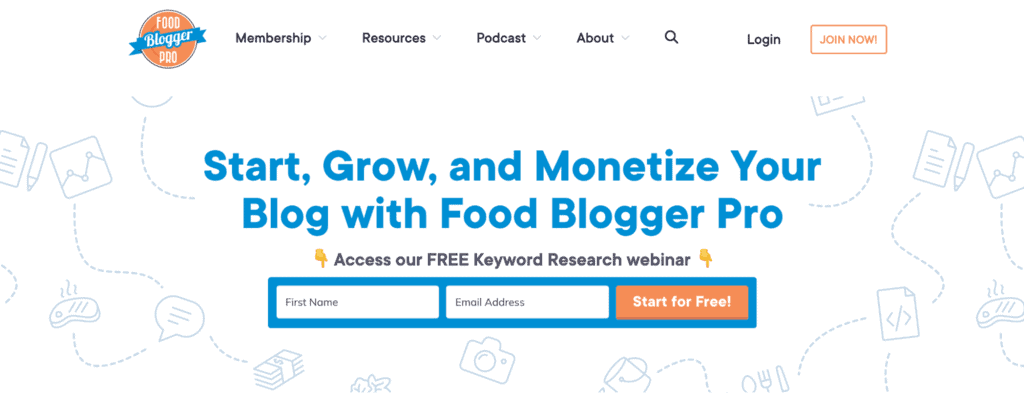 Esempio di modello incentrato sulla community: landing page di Food Blogger Pro, una piattaforma di blogging