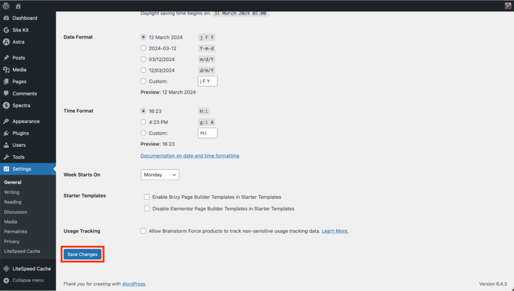 Pagina delle impostazioni di WordPress con il pulsante Salva modifiche evidenziato