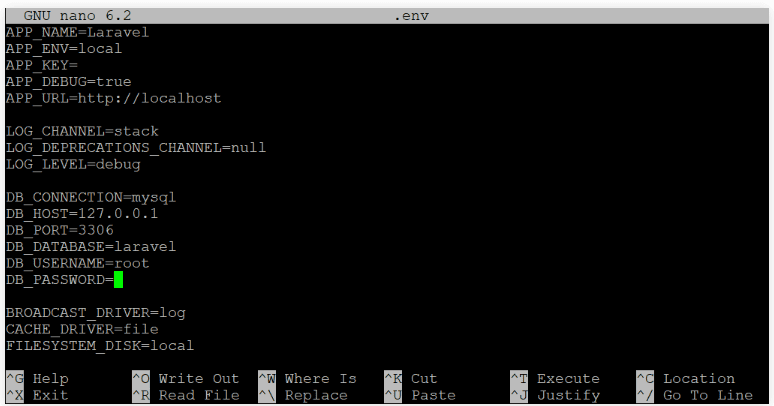 Contenuto del file env di Laravel su nano

