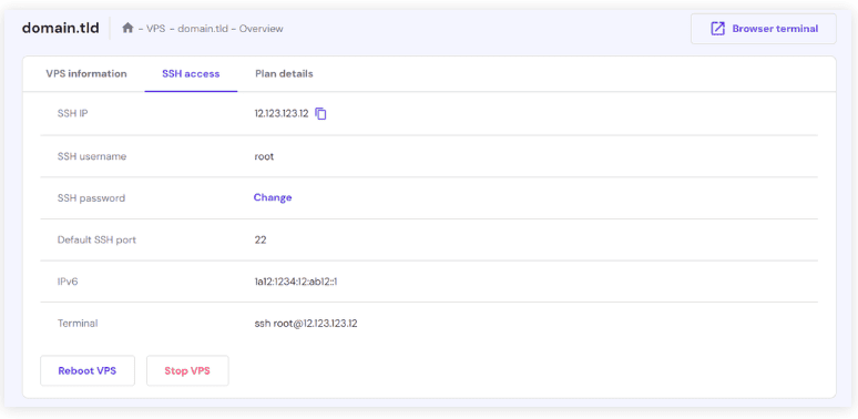 Credenziali di accesso VPS SSH su hPanel
