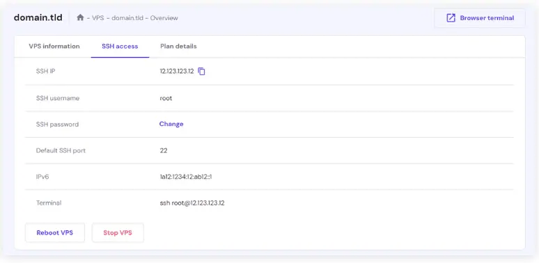 Credenziali di accesso VPS SSH su hPanel
