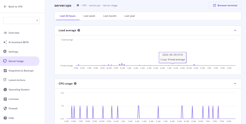 Funzionalità di monitoraggio dell'utilizzo del server VPS di hPanel
