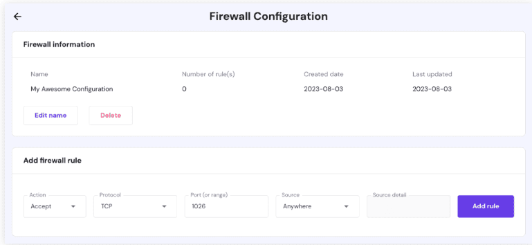 Il processo di creazione di nuove regole firewall su hPanel