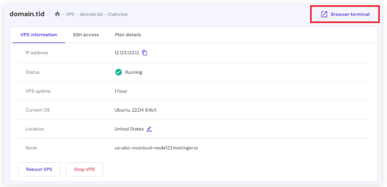 Il pulsante del terminale browser nel menu di panoramica VPS di hPanel