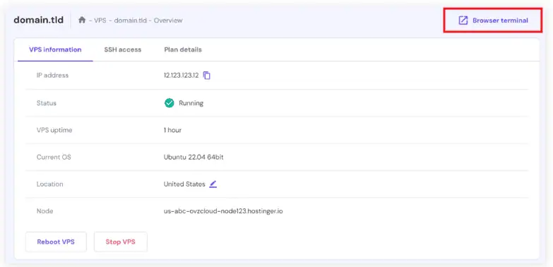 Il pulsante del terminale browser nel menu di panoramica VPS di hPanel