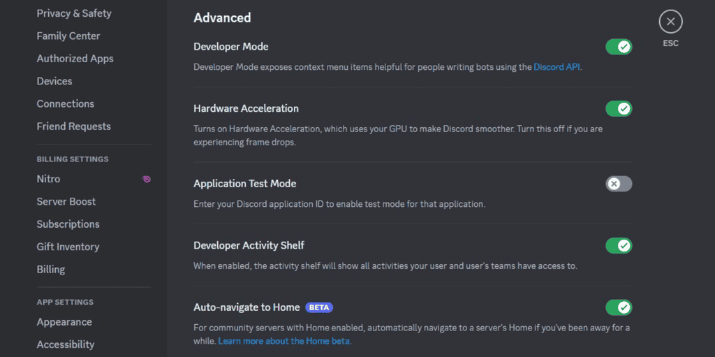 Interruttore della modalità sviluppatore nell'applicazione Discord
