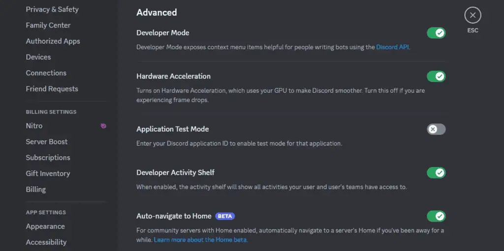 Interruttore della modalità sviluppatore nell'applicazione Discord
