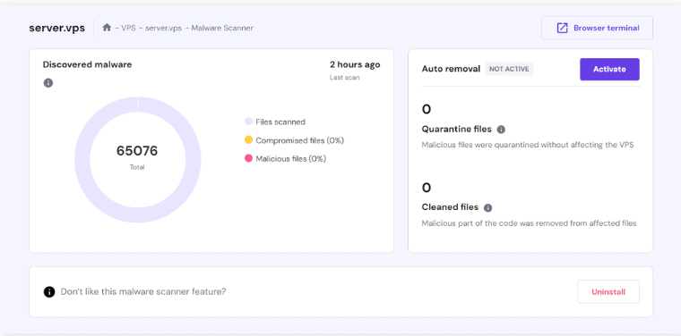 La dashboard dello scanner malware Monarx nell'area di gestione VPS di Hostinger