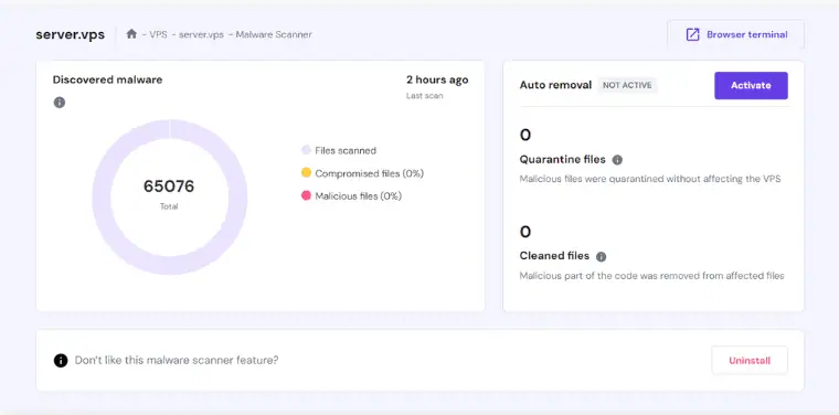 La dashboard dello scanner malware Monarx nell'area di gestione VPS di Hostinger