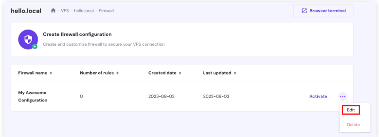 La pagina Firewall su hPanel. Il pulsante Modifica è evidenziato