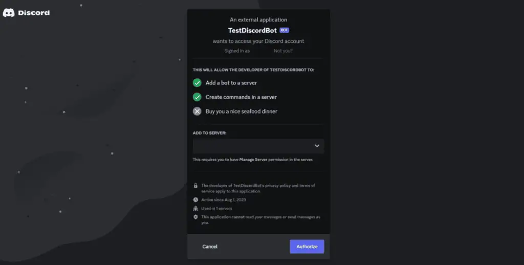 La pagina di invito al bot Discord
