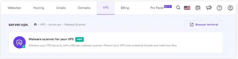 La richiesta di installazione dello scanner malware Monarx nella dashboard VPS di Hostinger