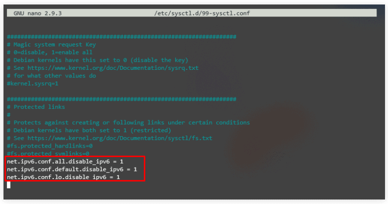 Le righe di comando aggiuntive aggiunte in un file di configurazione VPS per disabilitare IPv6