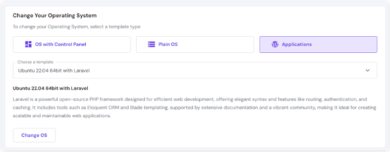 Menu di selezione del modello del sistema operativo su hPanel
