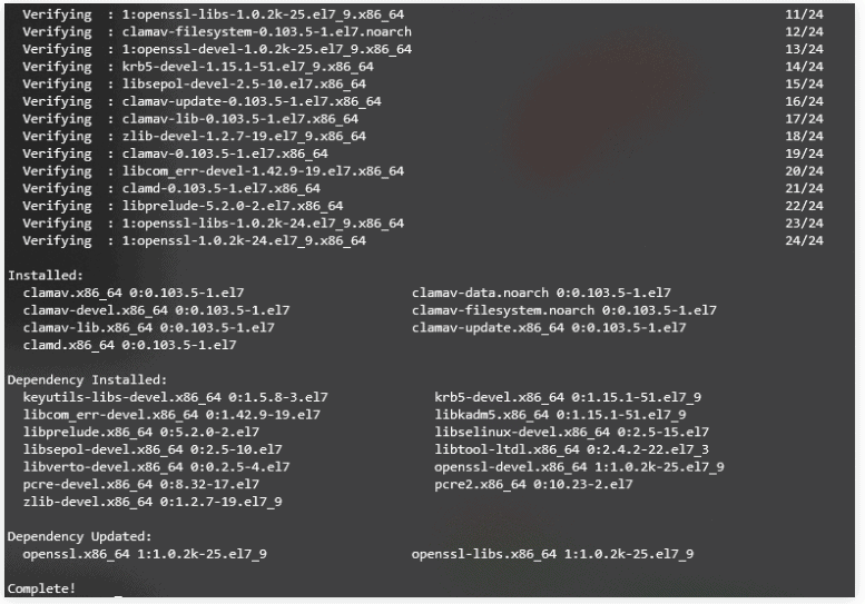 Terminale che mostra che l'installazione dell'antivirus ClamAV in un VPS è completata