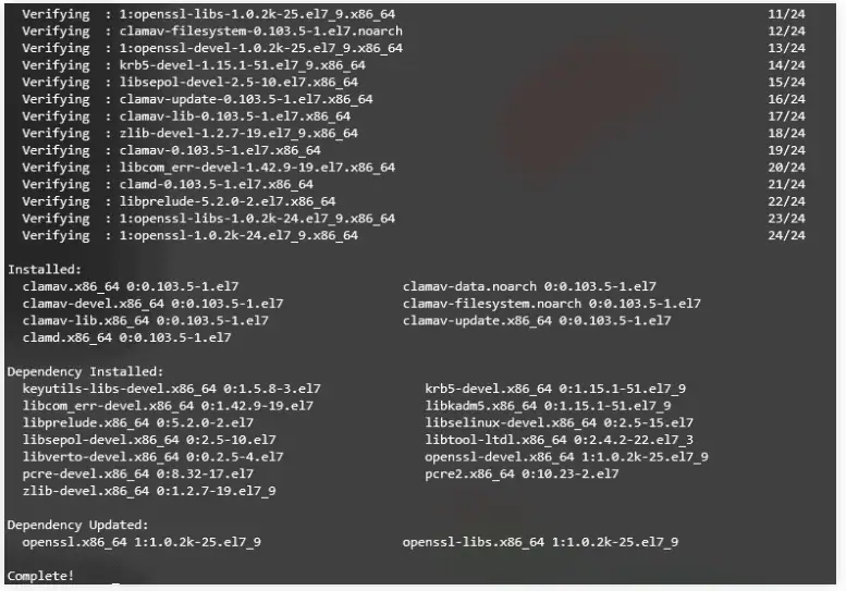 Terminale che mostra che l'installazione dell'antivirus ClamAV in un VPS è completata