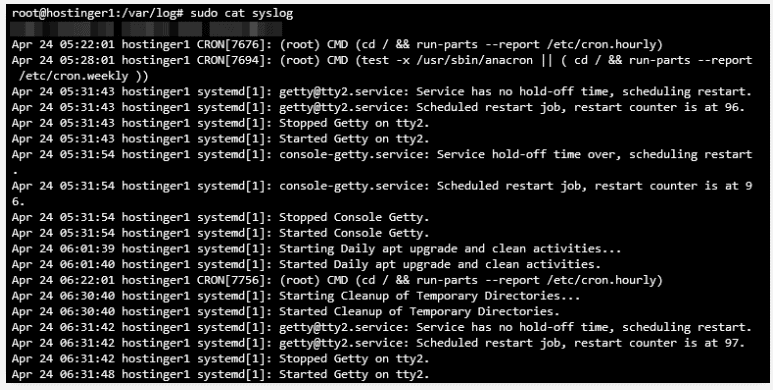 Terminale che mostra syslog all'interno della directory /var/log