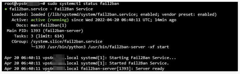 Un client SSH che restituisce lo stato corrente Fail2Ban di un VPS