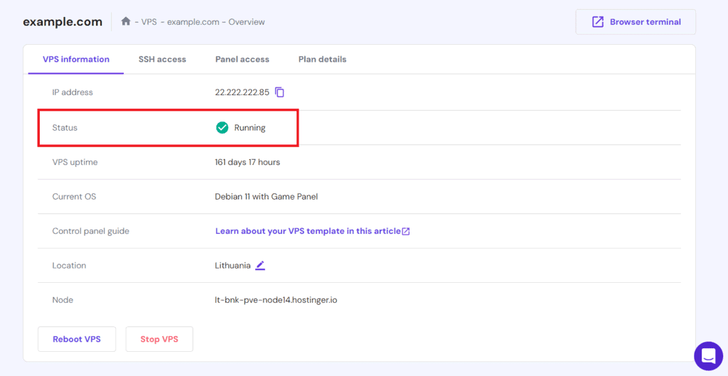 Assicurarsi che lo stato del VPS sia in esecuzione nella dashboard VPS di hPanel
