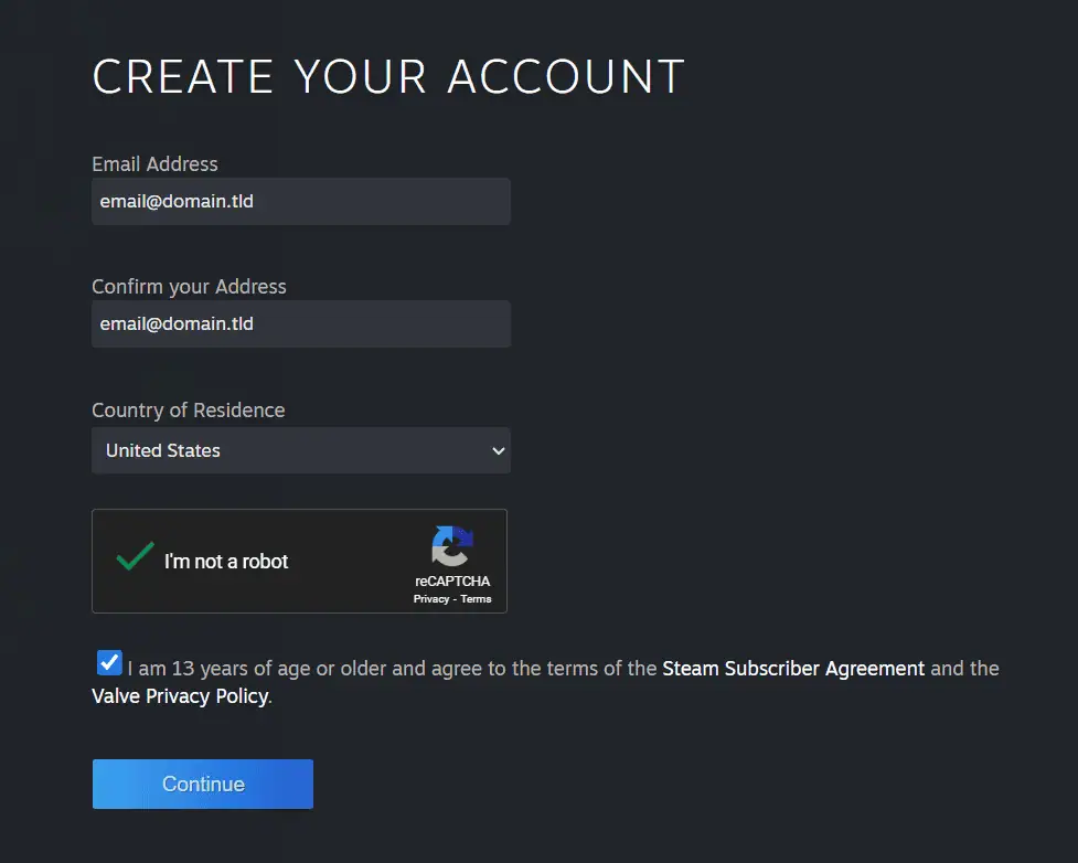 Immissione dei dettagli per registrarsi per un account Steam
