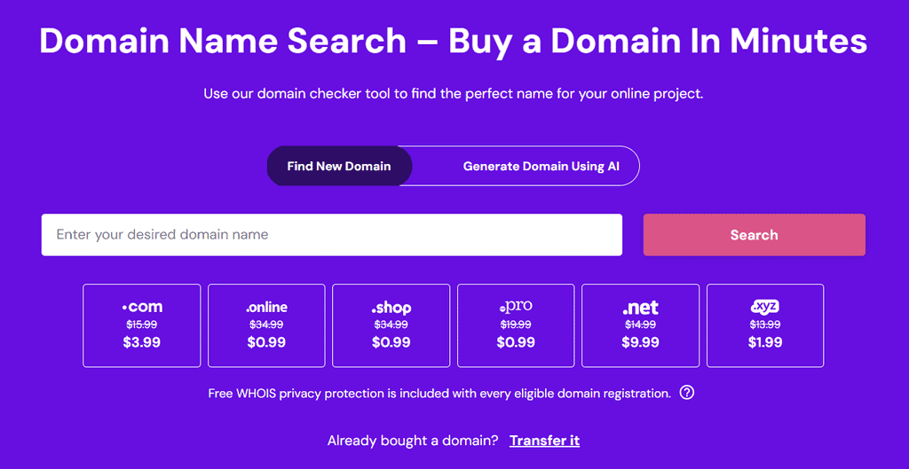 Landing page dello strumento di ricerca del nome di dominio di Hostinger
