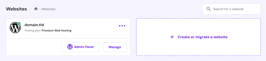 Pagina dei siti web Hostinger che evidenzia il pulsante per creare o migrare un sito web
