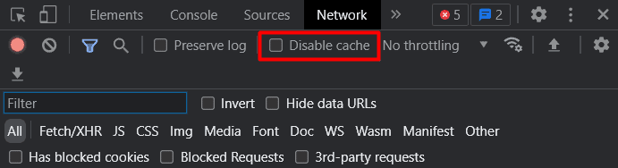 Finestra DevTools, con "Disabilita cache" evidenziato