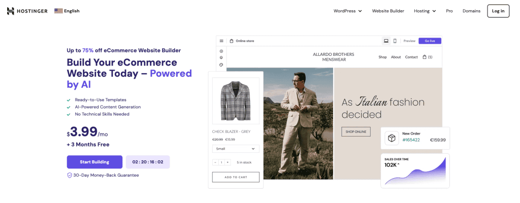 Landing page del generatore di siti web e-commerce del website builder di Hostinger