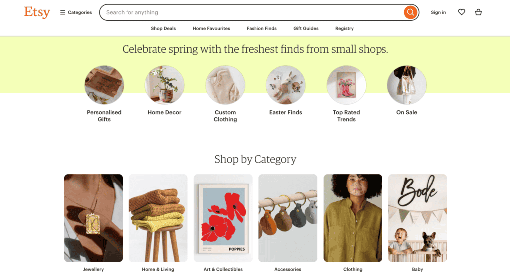 Homepage di Etsy