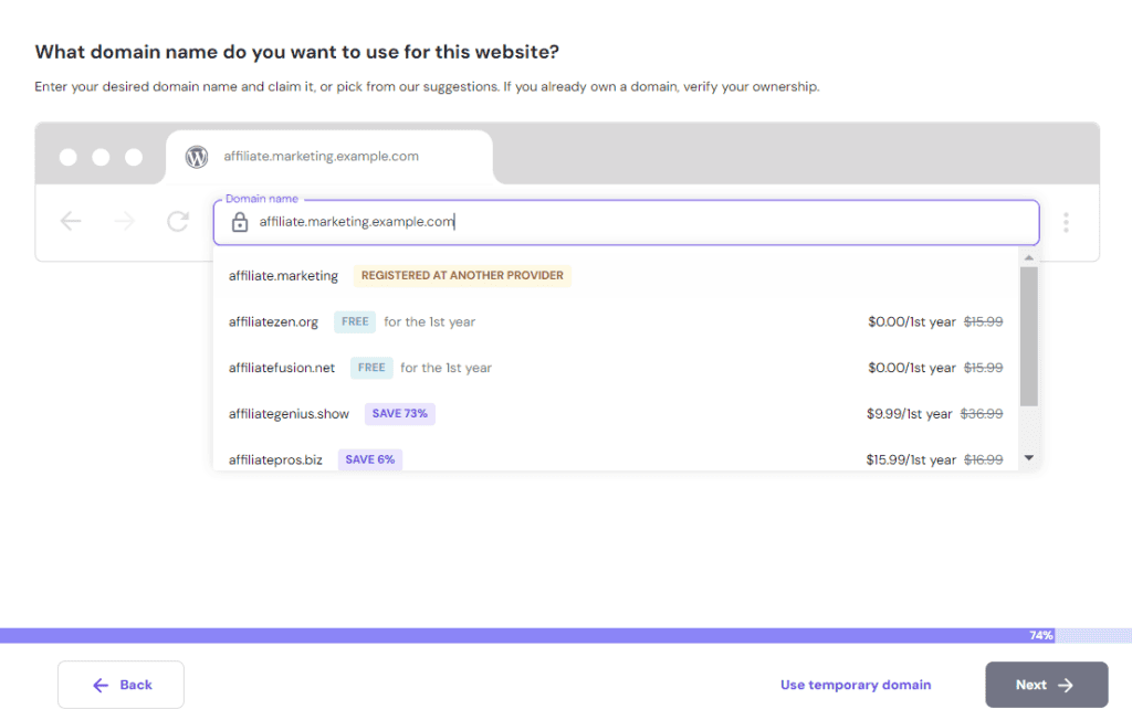 Pagina di onboarding di Hostinger per la connessione di un nome di dominio