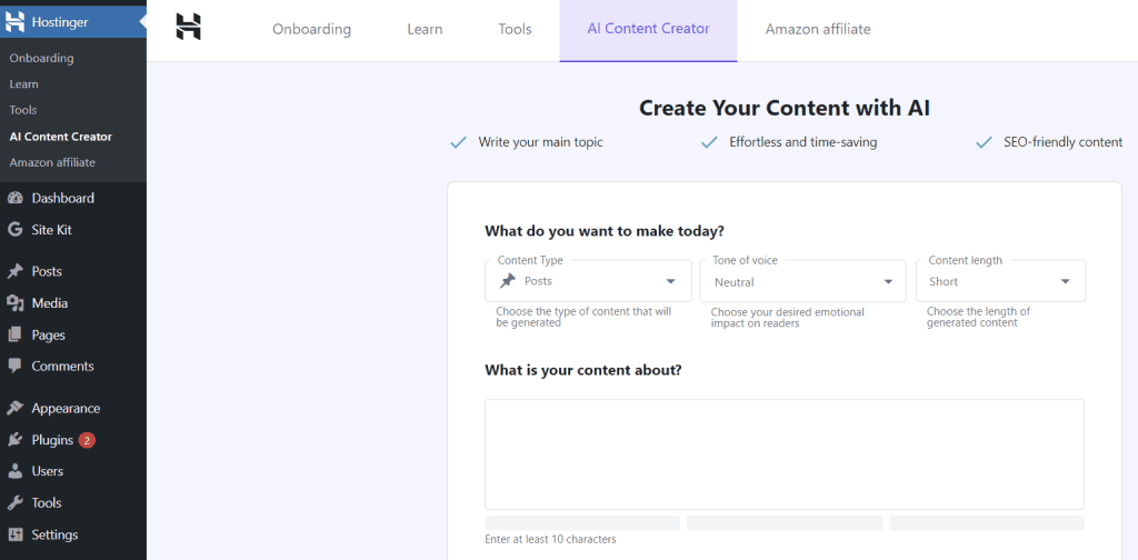 La dashboard di WordPress che mostra l'AI Content Creator di Hostinger