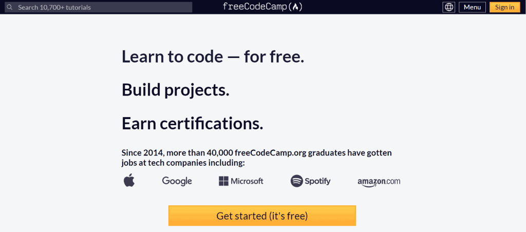 Homepage di freeCodeCamp
