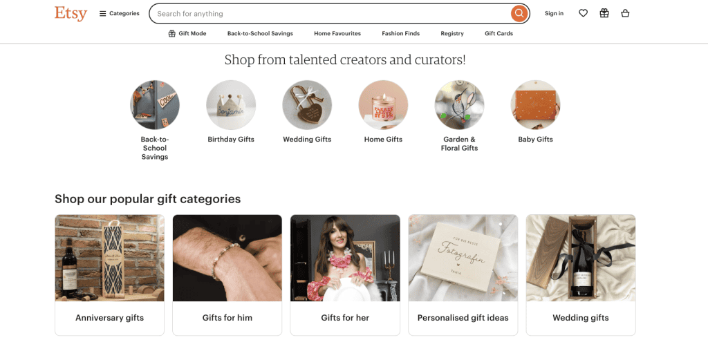 Landing page di Etsy