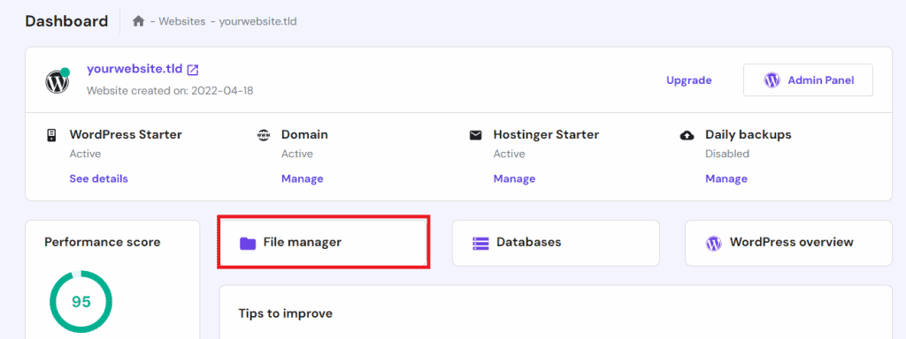 Il pulsante File Manager nel menu di gestione del sito web di hPanel