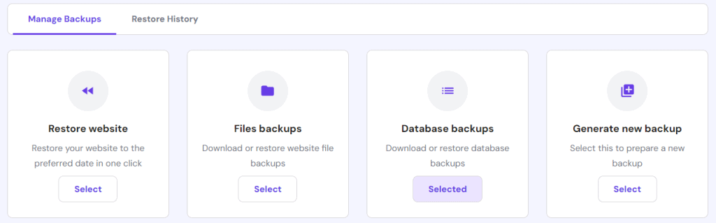 Menu di selezione del backup su hPanel