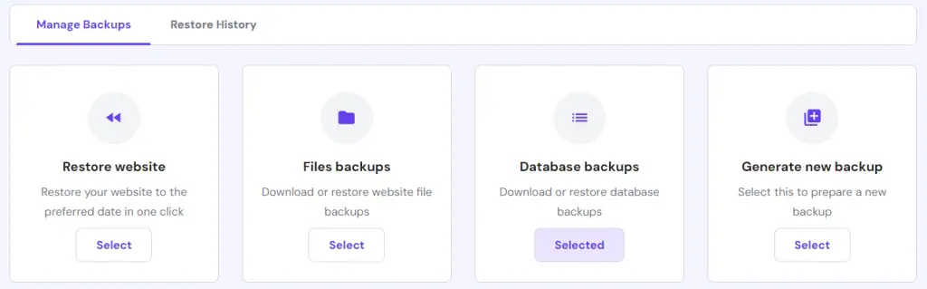 Menu di selezione del backup su hPanel