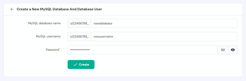 Il menu di creazione del database su hPanel