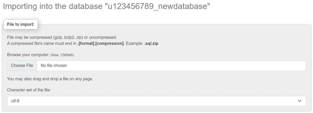 Menu di importazione dell'archivio del database phpMyAdmin