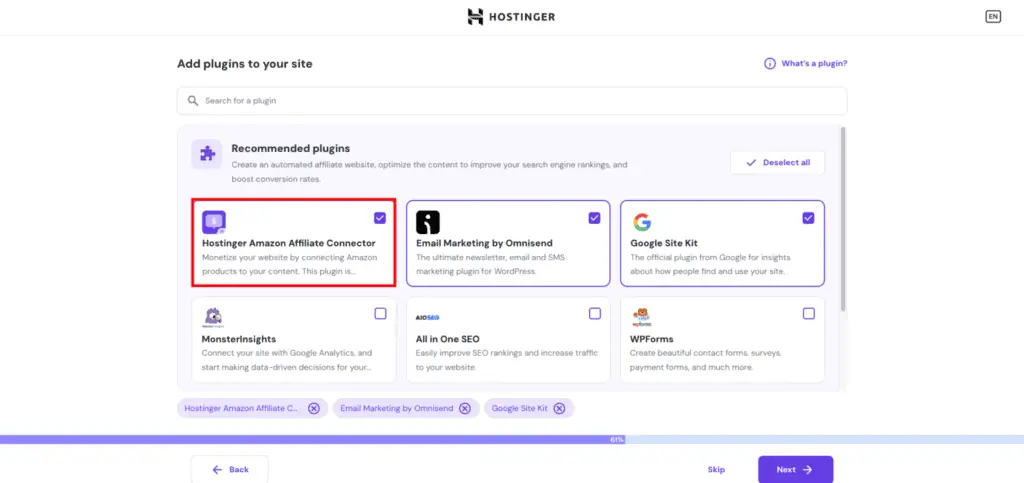 Installazione del plugin WordPress Hostinger Amazon Affiliate Connector durante l'onboarding
