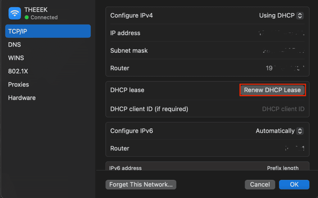 Il pulsante di rinnovo del lease DHCP nelle impostazioni di rete di MacOS
