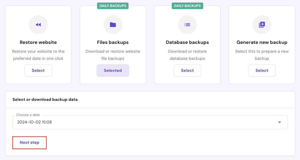 Il pulsante "Seleziona" su hPanel
