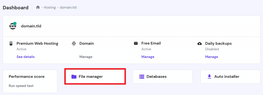 Il pulsante "File manager" nel menu di gestione del sito web hPanel
